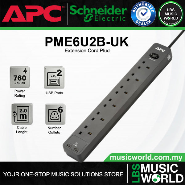 APC PME6U2B-UK Power Surge Protector 6 Way Extension Socket With 2 USB A (PME6U2BUK PME6BUK)