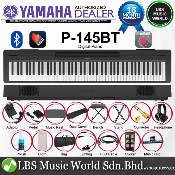 Yamaha P-145BT 88 Key Digital Piano Full Complete Package - Black (P145BT)
