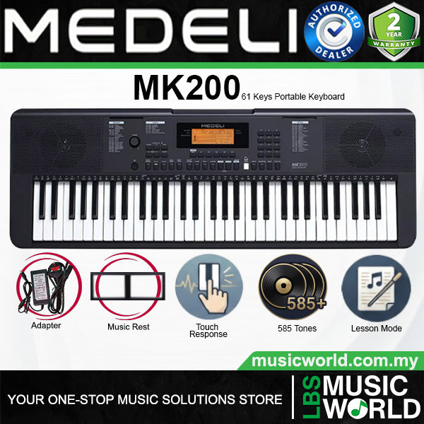 Medeli MK200 61 Keys Portable Keyboard Complete Package with Original Adapter - Black