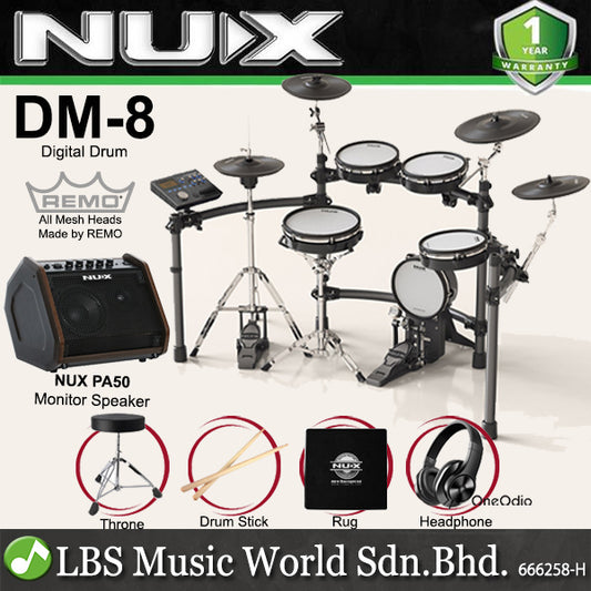 NUX DM-8 5 Piece Professional Digital Electronic Drum Set with Remo Mesh Head (DM8 DM 8)