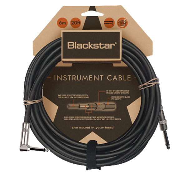 Blackstar CABLE-STD-6M-SA 6M Straight 1/4 Inch Jack To Angled 90˚ Angle 1/4 Inch Jack Standard Instrument Cable Heavy Duty Nickel Plated Connectors Straight to Angled
