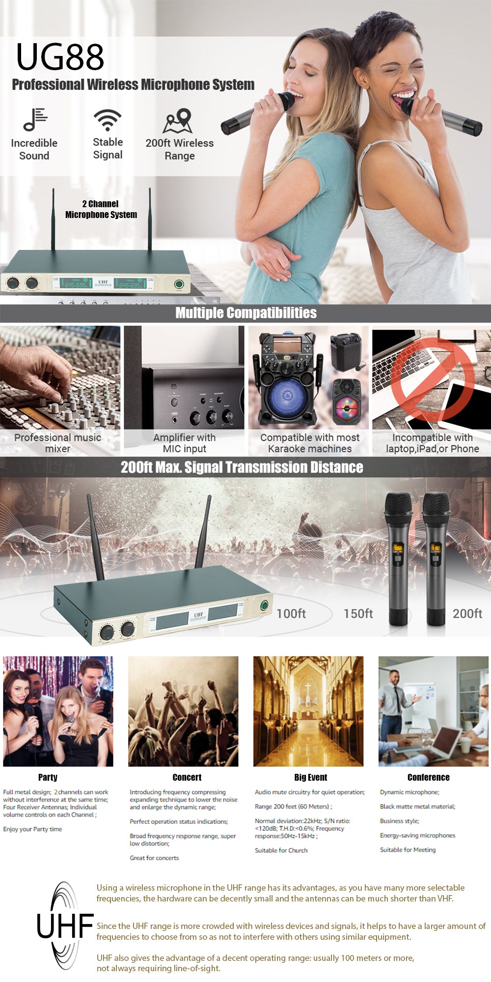 BSL UG88 Handheld UHF 2 Wireless Hand Held Microphone System with Metal Cordless Mic (UG-88)