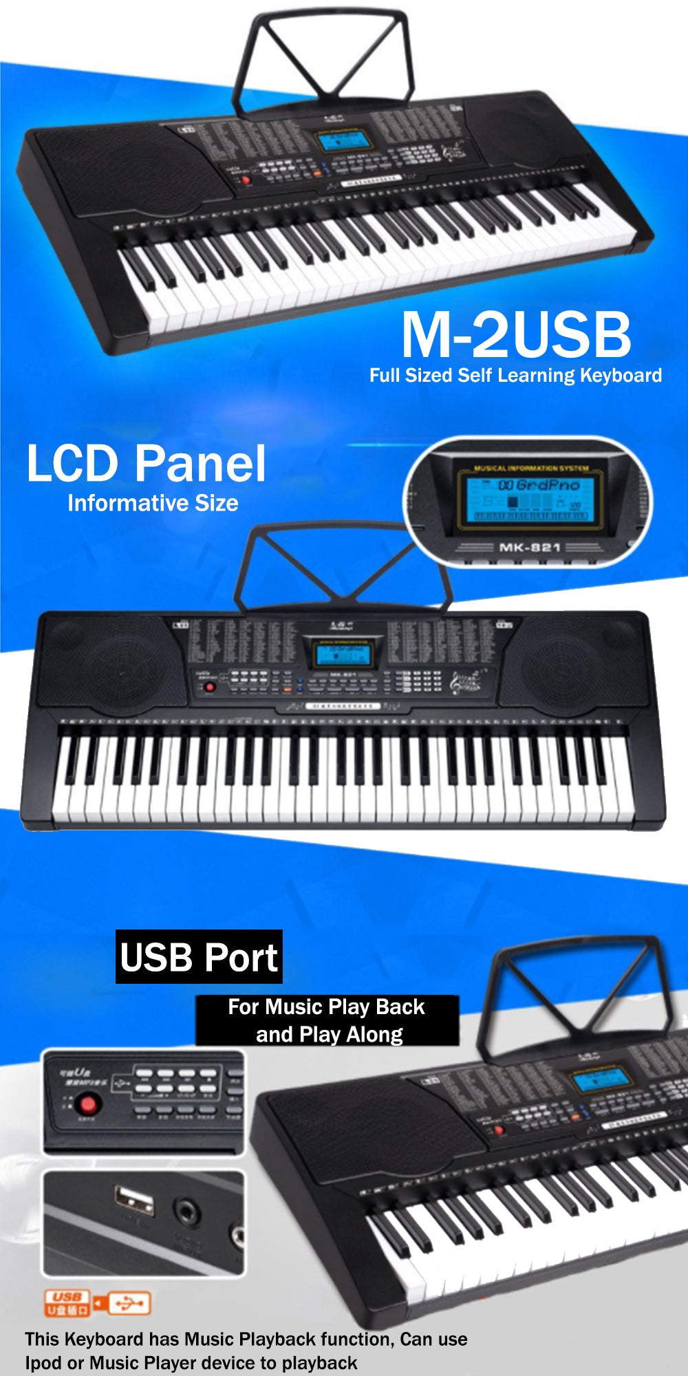 BSL M-2USB 61 Key Self Learning USB Electronic Music Piano Keyboard and Headphone (M2 M2USB)