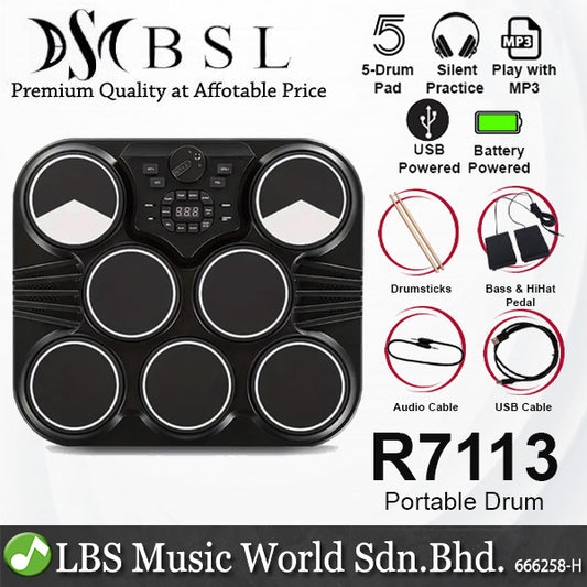 BSL R7113 Portable Digital Electronic Drum Pad with USB Built in Speaker, Foot Pedal and Drumstick