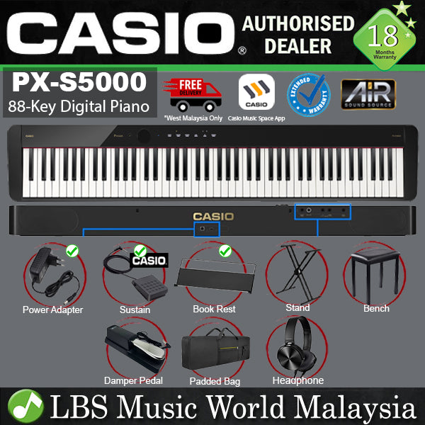 Casio PX-S5000 88 Key Digital Piano Keyboard Portable Package with Bluetooth (PXS5000 PX S5000)