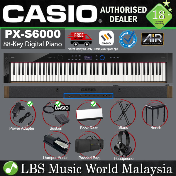 Casio PX-S6000 88 Key Digital Piano Keyboard Portable Package with Bluetooth (PXS6000 PX S6000)