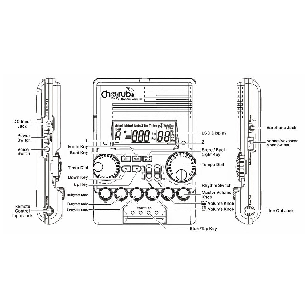 Cherub WRW-106 Rhythm Machine Digital Metronome Voice Counting / Tap Tempo Drum Piano Guitar Violin (WRW106)