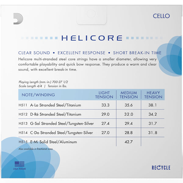 D'addario H510 4/4M Helicore Cello String Set Medium Tension 4/4 Scale Full Size Cello
