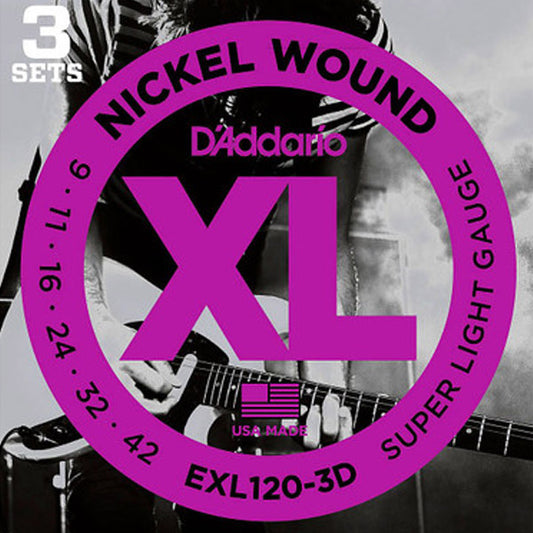 D'Addario EXL120-3D 3 Set EXL120 Super Light Gauge XL Nickel Electric Guitar Strings