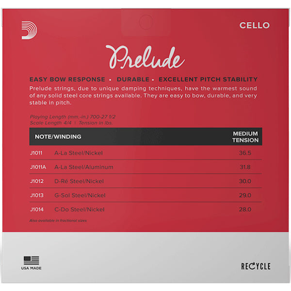 D'addario J1010 4/4M Prelude Cello String Set Medium Tension 4/4 Scale Full Size Cello