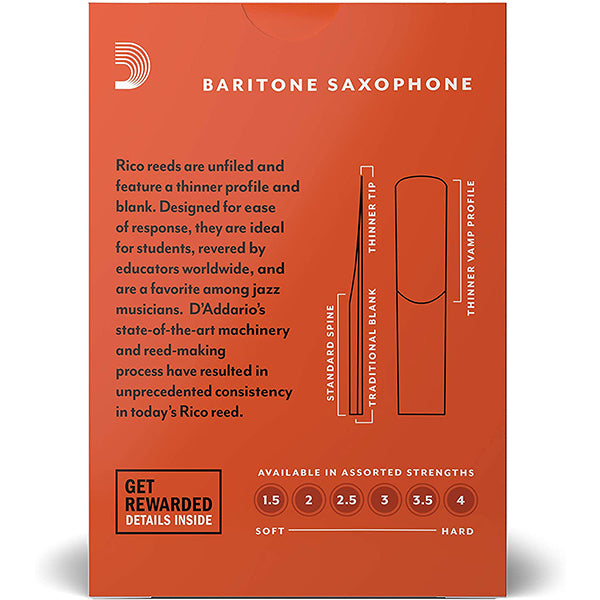 Rico by D'addario Baritone Saxophone Reed Loose Pack - 1.5 / 2.0 / 2.5 / 3.0 / 3.5 / 4.0 - Each (Daddario Sax Reeds)