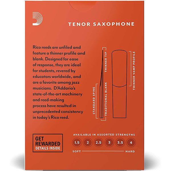 Rico by D'addario Tenor Saxophone Reed Loose Pack - 1.5 / 2.0 / 2.5 / 3.0 / 3.5 / 4.0 - Each (Daddario Sax Reeds)