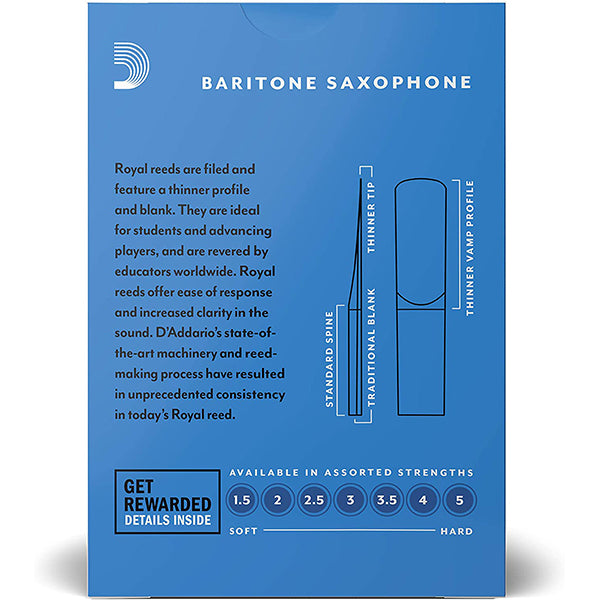 Royal by D'addario Baritone Saxophone Reed Loose Pack - 1.5 / 2.0 / 2.5 / 3.0 / 3.5 / 4.0 / 5.0 - Each (Daddario Sax Reeds)
