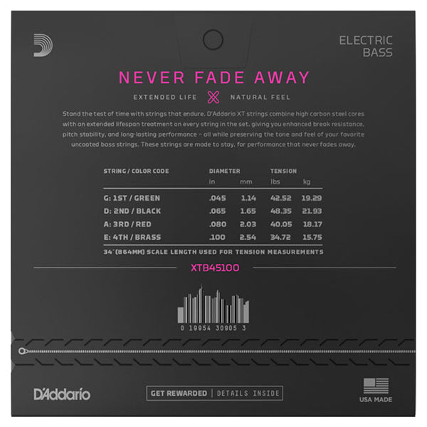D'Addario XTB45100 XT Nickel Plated Steel Electric Bass Guitar String Daddario D Addario (45-100)