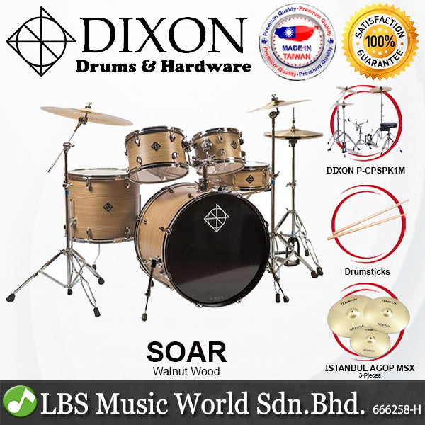 Dixon Soar Series 5 Piece Drum Kit Mahagony Shell 22" Kick with MS-X Istanbul Cymbal Set (Walnut Wood)
