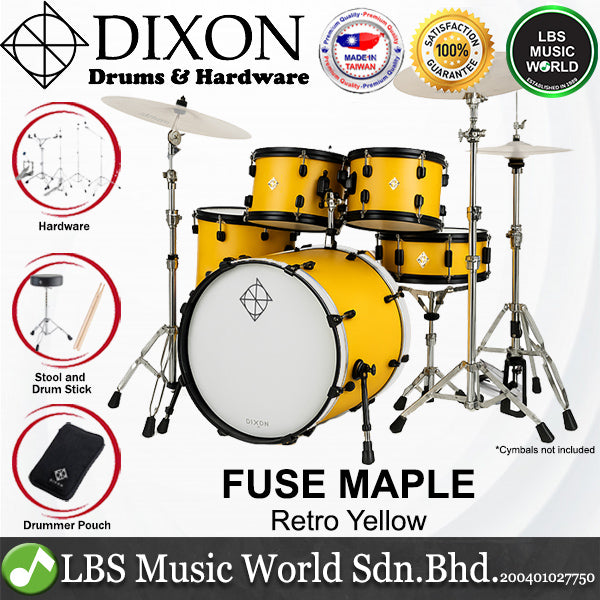 Dixon PODFM522RY Fuse Maple 5 Pieces Acoustic Drum Kit with Hardware - Retro Yellow (FM522)