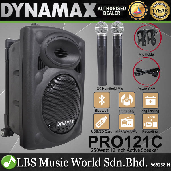 Dynamax PRO121C 250Watt 12 Inch Bluetooth Active Portable PA System Active Speaker with 2 Handheld Microphone