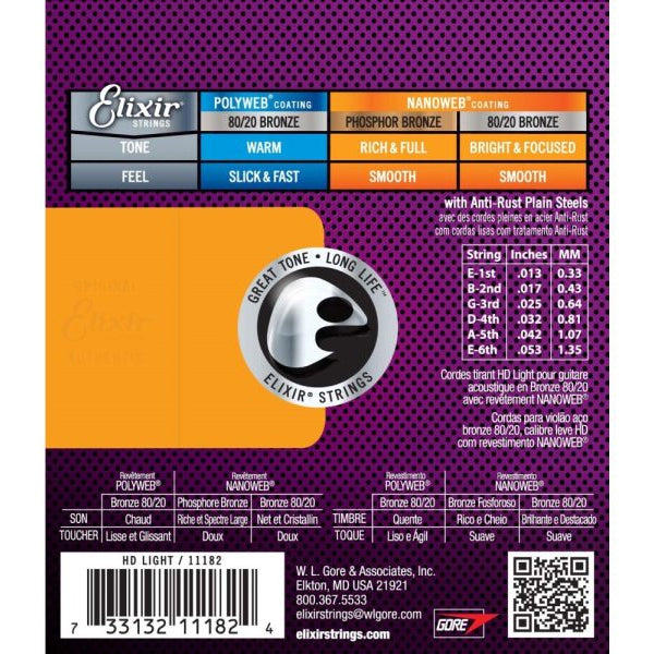 Elixir 11182 Nanoweb Acoustic Guitar String 80/20 Bronze (13-53)