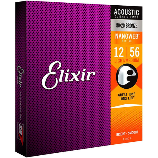 Elixir 11077 Nanoweb Acoustic Guitar String 80/20 Bronze Bright Smooth Light Medium Gauge (12-56)
