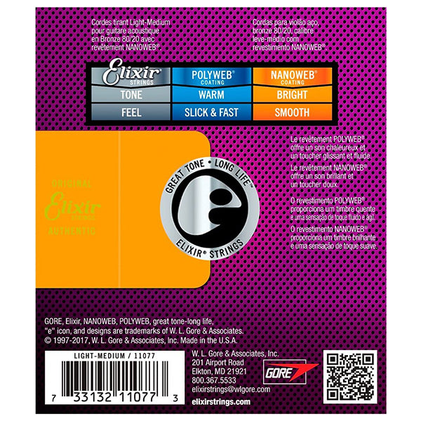 Elixir 11077 Nanoweb Acoustic Guitar String 80/20 Bronze Bright Smooth Light Medium Gauge (12-56)