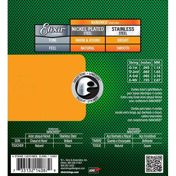Elixir 14087 Nanoweb Medium or Extra Long Scale Electric Bass Guitar String (45-105)