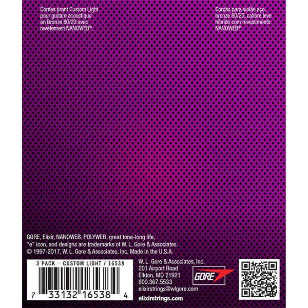 Elixir 16538 Nanoweb Acoustic Guitar String Bronze Custom Light Bright Smooth 3 Pack (11-52)
