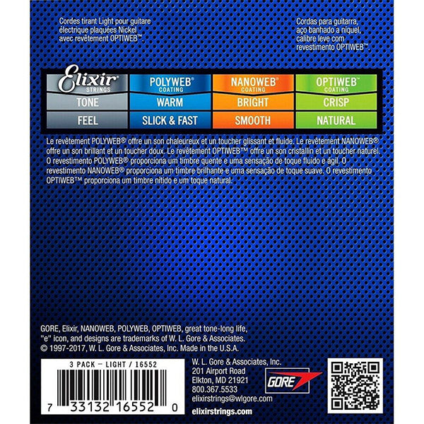 Elixir 16552 Optiweb Electric Guitar String Nickle Plated Light Great Tone 3 Pack (10-46)