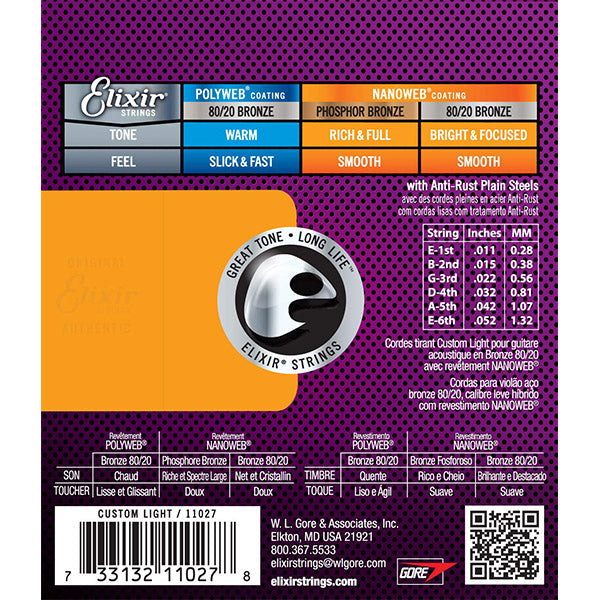 Elixir 11027 Nanoweb Acoustic Guitar String 80/20 Bronze Custom Light Bright Smooth (11-52)