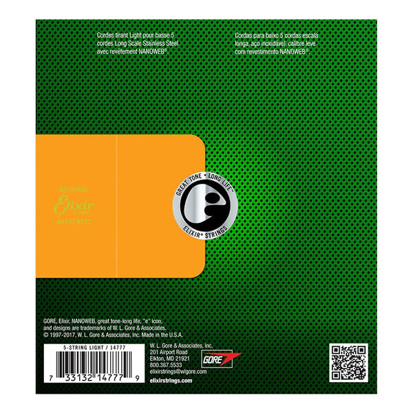 Elixir 14777 Nanoweb 5 Bass String Medium With Light B Long Scale Stainless Steel (45-130)