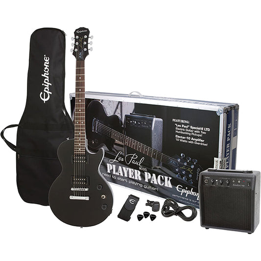 Epiphone Les Paul Player Pack with 10 Watt Electric Guitar Speaker Amplifier and Lesson - Ebony Black