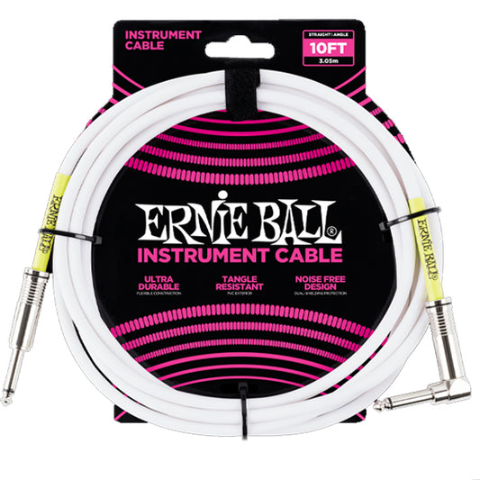 Ernie Ball Classic Series Instrument Cable Straight to Right for Electric Acoustic Guitar Bass - White (6049 6400)