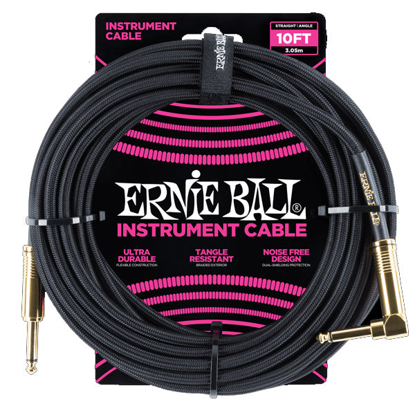 Ernie Ball 3 Meter Braided Straight to Right Angle Instrument Cable for Electric Acoustic Bass Guitar (6077 6078 6079 6080 6081)