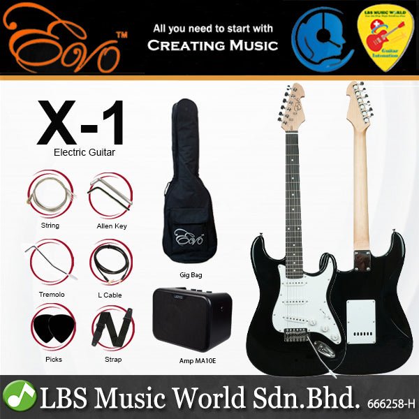 Evo X-1 Stratocaster Electric Guitar Linden Wood Body with Amplifier Package Black (X1 BK)