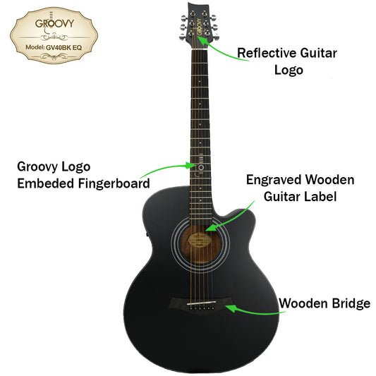 Groovy GV40BKEQ 40" Concert Acoustic Electric Guitar with ALT-1 Pickup Package Ebony Black (GV Series)