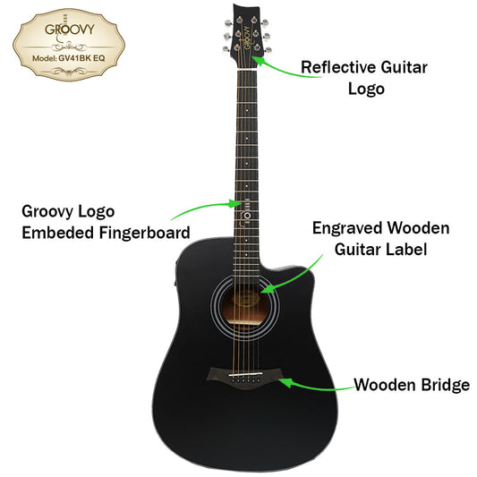 Groovy GV41BKEQ 41" Dreadnought Acoustic Electric Guitar with ALT-1 Pickup Package Ebony Black (GV Series)