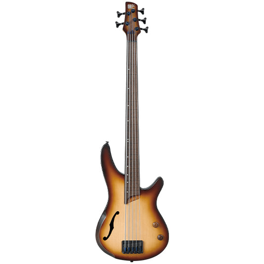 Ibanez SRH505F 5 String Hollow Body Fretless Electric Bass Guitar with Piezo Pickup - Natural Browned Burst Flat