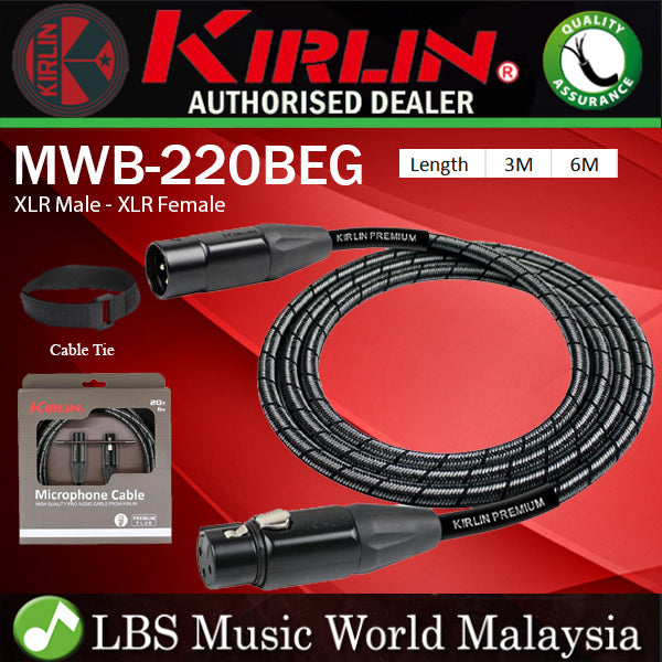 Kirlin MWB-220BEG /BM 3 Pin Metal Connector XLR Male to XLR Female Premium Plus Microphone Mic Cable - Metallic Black