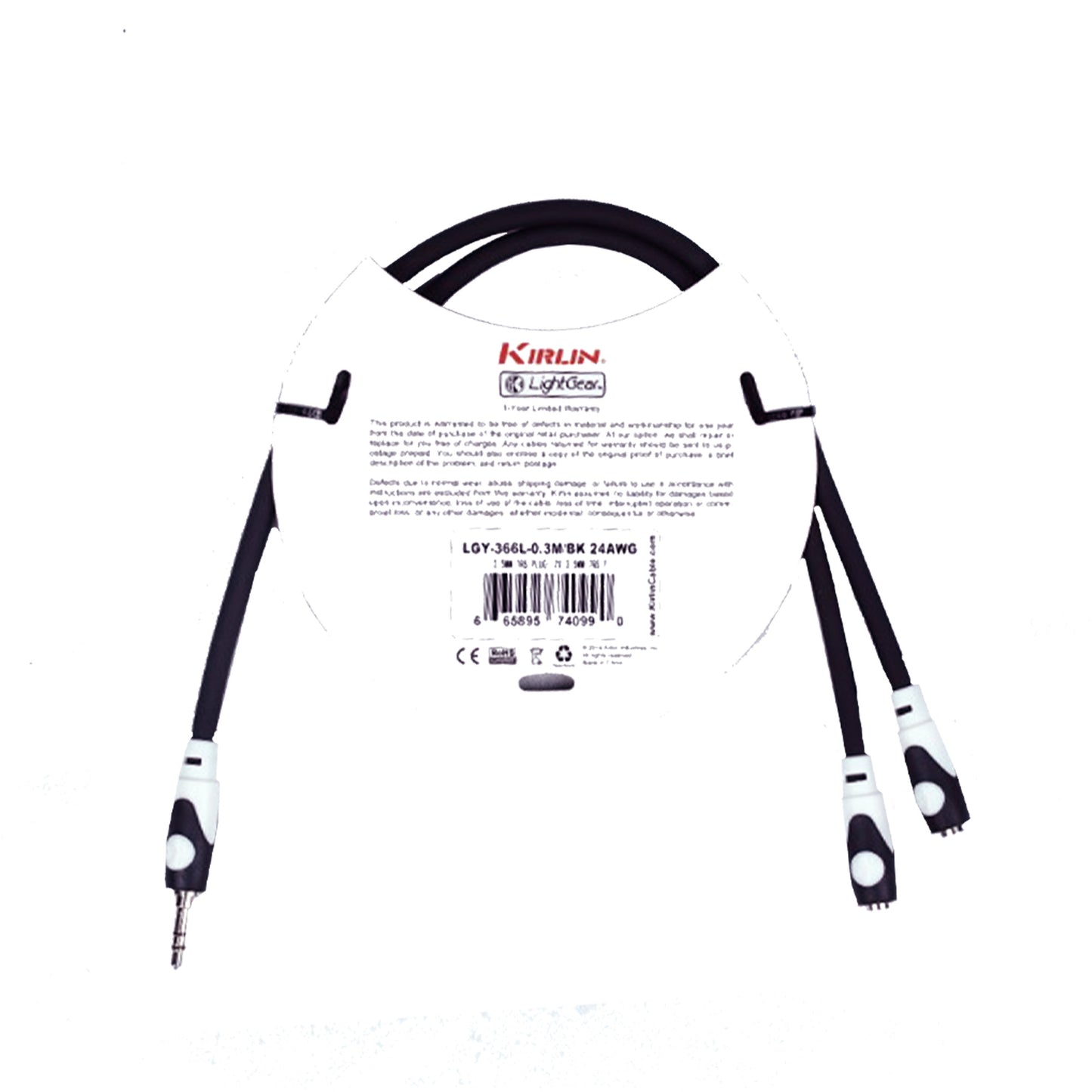 Kirlin LGY-366L 3.5mm TRS to Dual 3.5mm TRS Audio Cable Jack LightGear Y Cable For Headphone Earphone Extension Adapter - 0.3 Meter Black