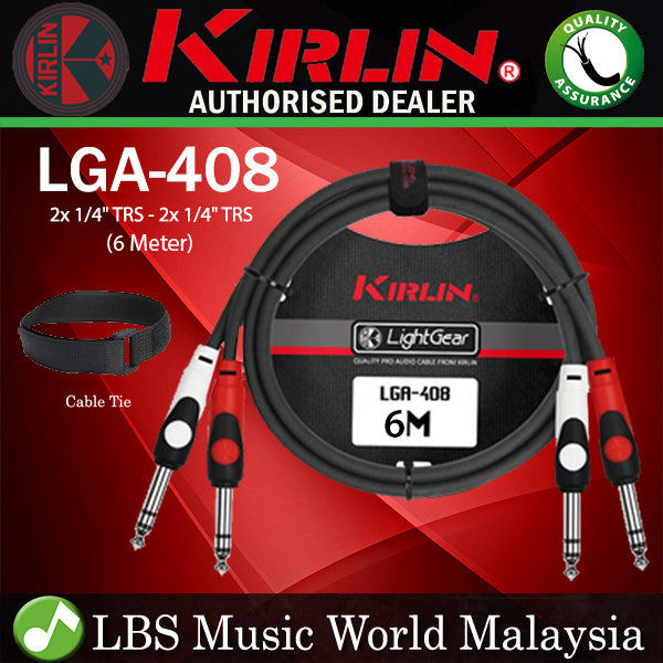 Kirlin LGA-408 Dual 1/4 Inch TRS to TRS Plug LightGear Patch Interconnect Audio Cable Black