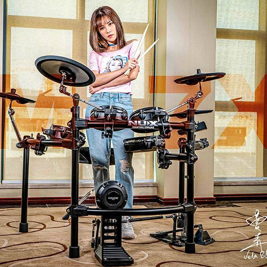 NUX DM-7X 5 Piece Full Mesh Digital Electronic Drum Set Head by Remo with NPA-100 Monitor Amplifier (DM7X NPA100)