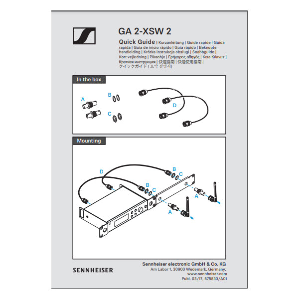 Sennheiser GA 2-XSW 2 Front Antenna Extension Cables Mount Kit with BNC Bulkhead for EM-XSW Receiver (Pair)