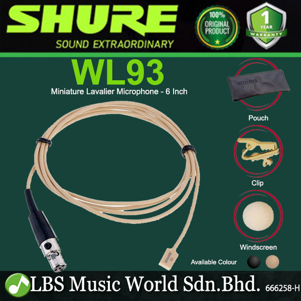 Shure WL93 Omnidirectional Condenser Mic Miniature Lavalier Microphone - 6 Inch