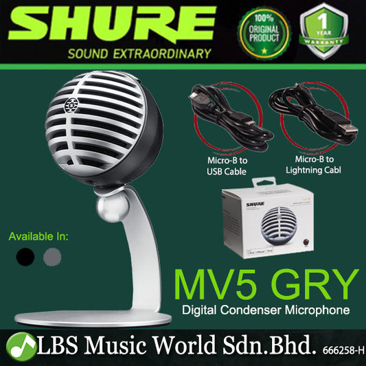 Shure MV5 USB or Lightning Condenser Microphone with Headphone Output Monitoring and Desktop Mic Stand (MV 5)