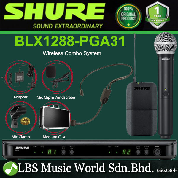 Shure BLX1288/P31 Wireless Combo System with PG58 Handheld Microphone and PGA31 Headset Mic (BLX1288 P31)