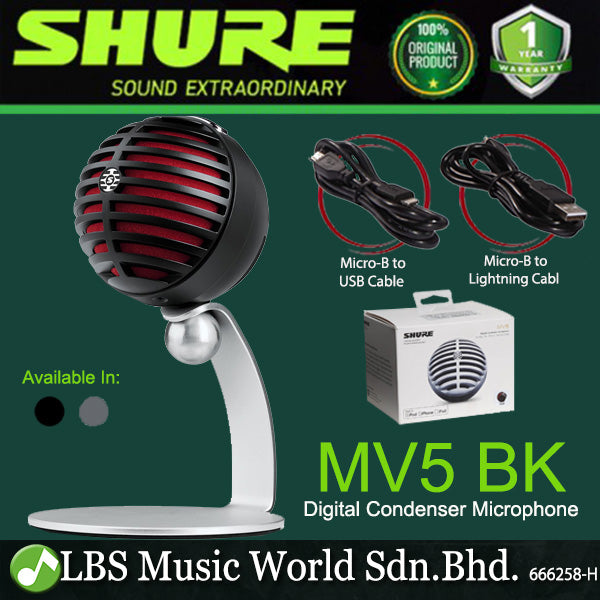 Shure MV5 USB or Lightning Condenser Microphone with Headphone Output Monitoring and Desktop Mic Stand (MV 5)