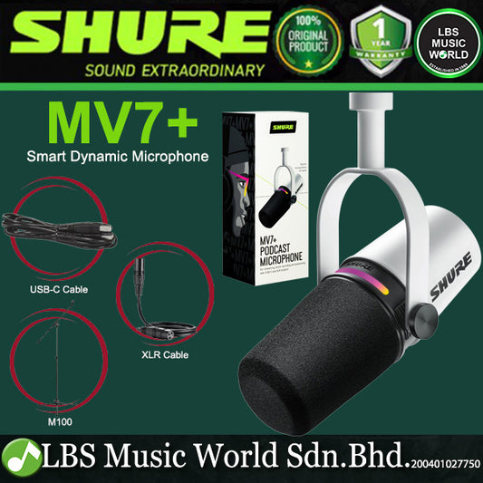 Shure MV7+ Dynamic Mic Podcast Microphone With USB C and XLR Output (MV7) - White