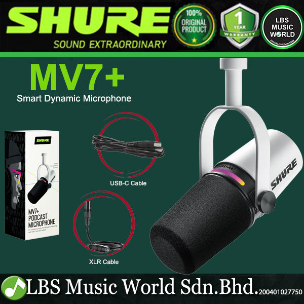 Shure MV7+ Dynamic Mic Podcast Microphone With USB C and XLR Output (MV7) - White
