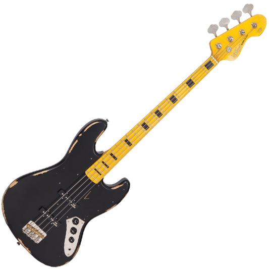 Vintage VJ74MRBK Icon Series 4 Strings Eastern Poplar Body Bolt On Jazz Electric Bass Guitar Distressed Black (VJ74 MRBK)