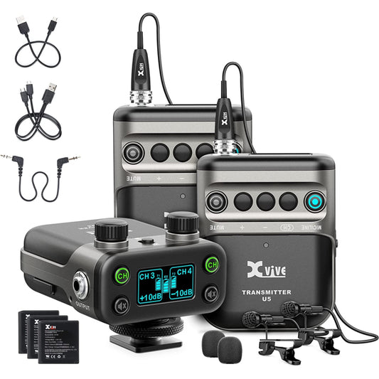 Xvive U5T2 2 Channel Wireless Audio For Video System with LV1 Lavalier Mic for Microphones and DSLR Camera (U5 T2)