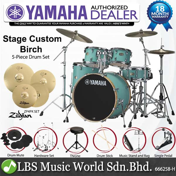 Yamaha SBP2F5 5 Piece Stage Custom Birch Acoustic Drum Set with Cymbal Package - Matte Surf Green